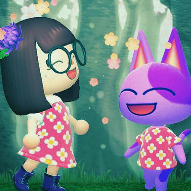 My Animal Crossing New Horizon character (Left) with the purple cat villager Bob (Right), we're wearing matching pink outfits with white and yellow flowers